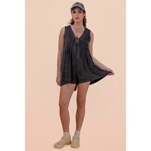 "Sweet Jumper" Pleated Shorts Romper in Washed Black